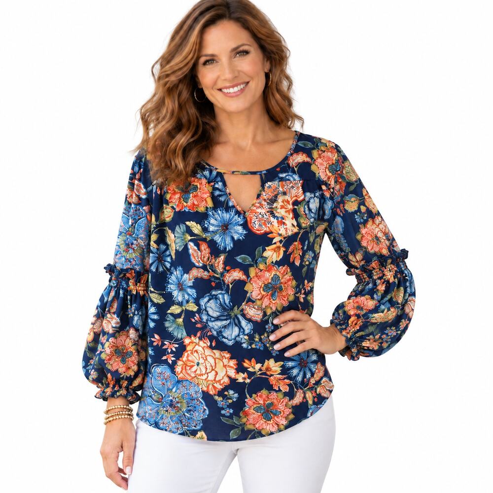 Chicos Floral Keyhole Blouse Size 2 (Womens Large) Balloon Sleeve Ruffled Top